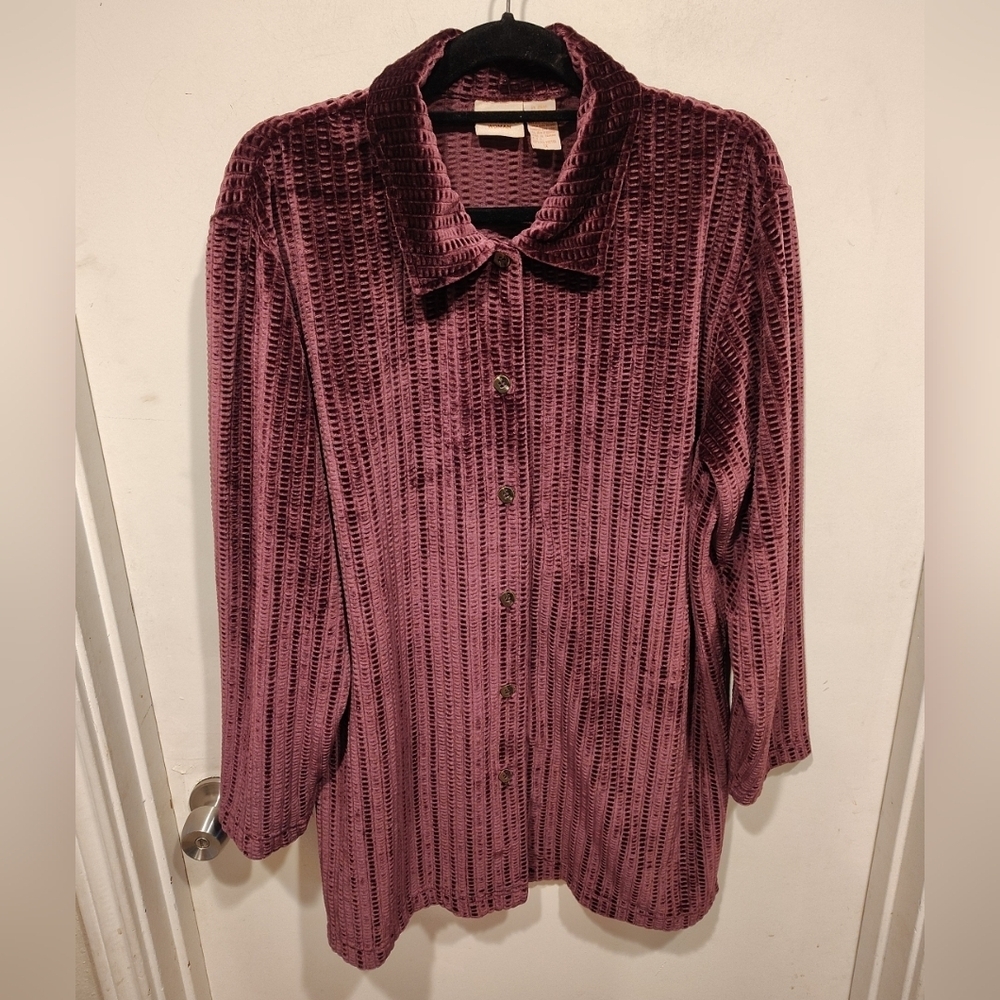 Crossroads Purple Textured Velour Longline Button Down Shirt Jacket Shacket 1X